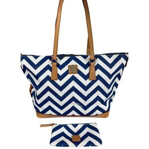 Dooney & Bourke Navy Chevron Tote w/ Pouch Canvas Leather Trim NWT Excellent